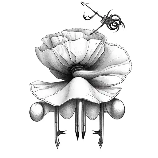 poppy with fishing hooks coming off stem tattoo design idea