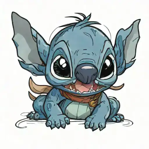 Stitch's Appearance: Draw Stitch in his classic mischievous pose, with a sly grin and his big ears perked up. His fur is tattoo design idea