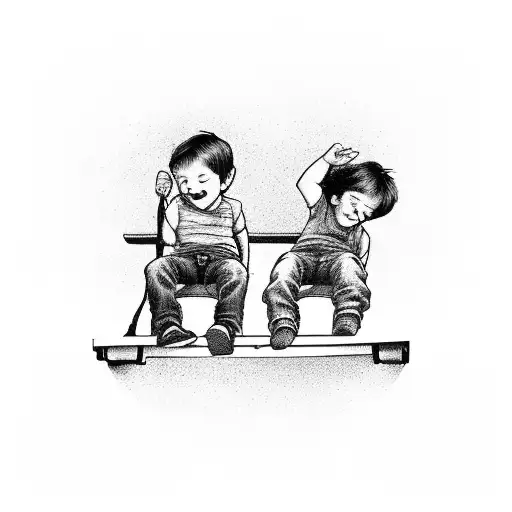 Two siblings (boy and a girl) are sitting (during sunset, facing a pastoral landscape) on a back of a truck trunk, swing tattoo design idea