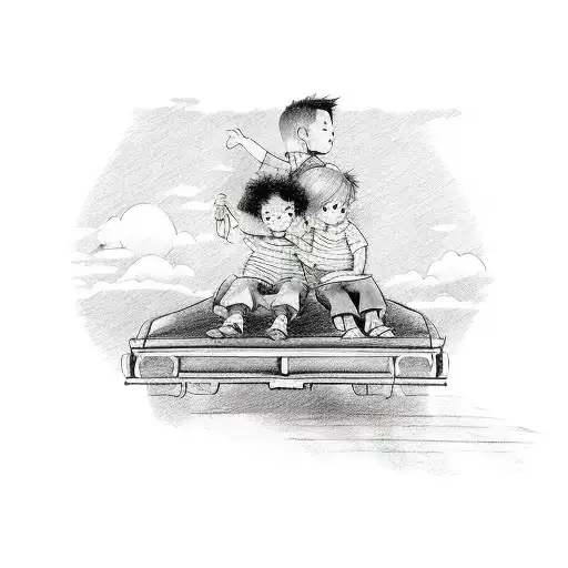 Two siblings (boy and a girl) are sitting (during sunset, facing a pastoral landscape) on a back of a truck trunk, swing tattoo design idea