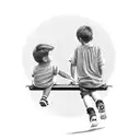 Two siblings (boy and a girl) are sitting (during sunset, facing a pastoral landscape) on a back of a truck trunk, swing tattoo design idea