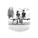 Two siblings (boy and a girl) are sitting (during sunset, facing a pastoral landscape) on a back of a truck trunk, swing tattoo design idea
