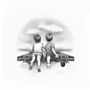 Two siblings (boy and a girl) are sitting (during sunset, facing a pastoral landscape) on a back of a truck trunk, swing tattoo design idea