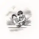 Two siblings (boy and a girl) are sitting (during sunset, facing a pastoral landscape) on a back of a truck trunk, swing tattoo design idea