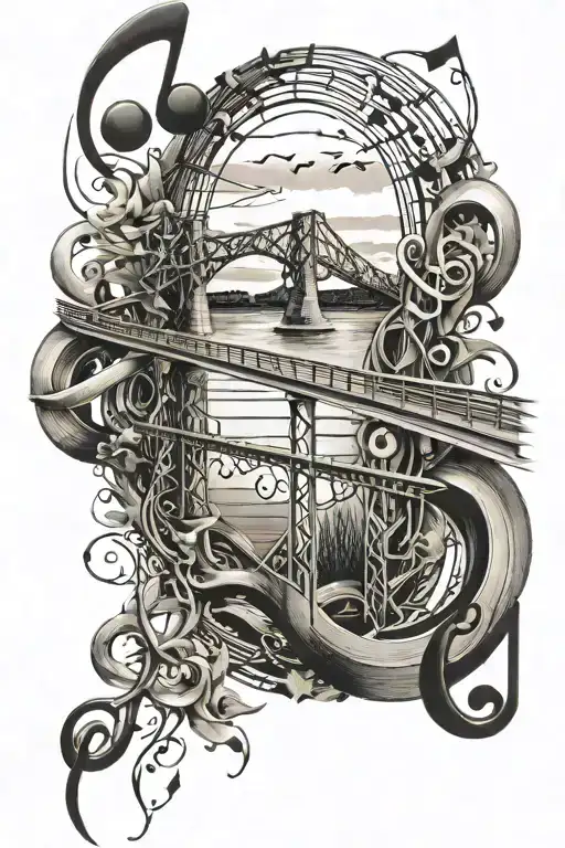 bridge, mistakes, forgiveness, vices, music note intertwined tattoo design idea