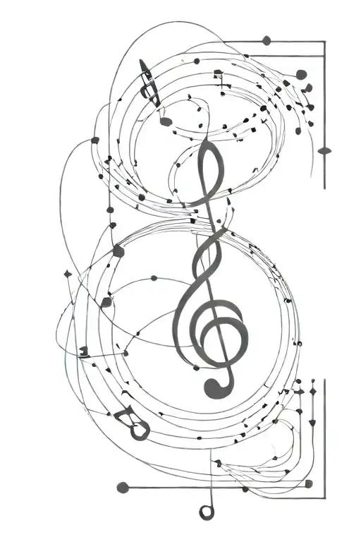 music theory tattoo design, music surrounded by quantum particles, quantum entanglement, neutron star, black hole, simpl tattoo design idea