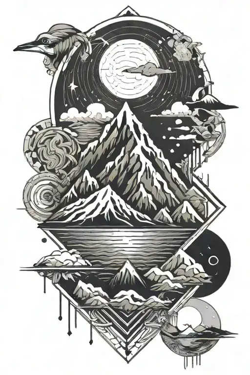 multiple elements including mountain range, starscape, heron, ocean  tattoo design idea