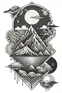multiple elements including mountain range, starscape, heron, ocean  tattoo design idea