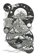 multiple elements including mountain range, starscape, heron, ocean  tattoo design idea