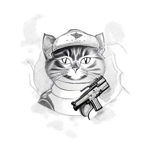 cartoon black cat holding a uzi gun tattoo design idea