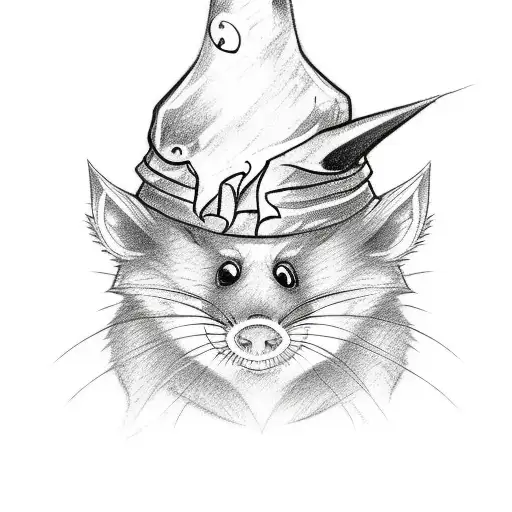 A sketch-style tattoo of a rat dressed as a wizard, casting a spell with a wand in its hand and wearing a pointed hat. tattoo design idea
