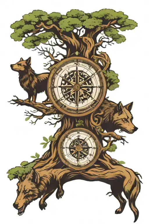 tree of life, fenrir, valknut triskele and compass tattoo design idea