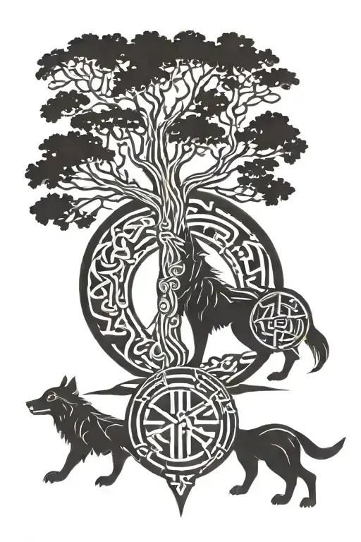 tree of life fenrir whit runes triskele valknut tattoo design idea