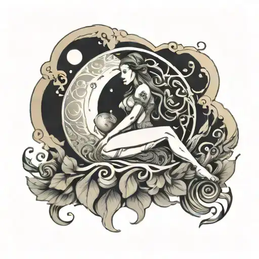 moon, gaia gestating, cycles, woman tattoo design idea