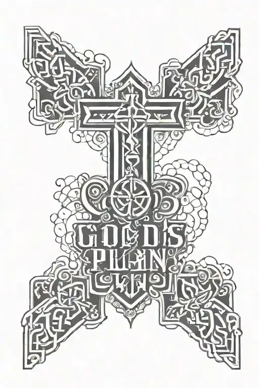Christian Cross with "GOD'S PLAN" text tattoo design idea