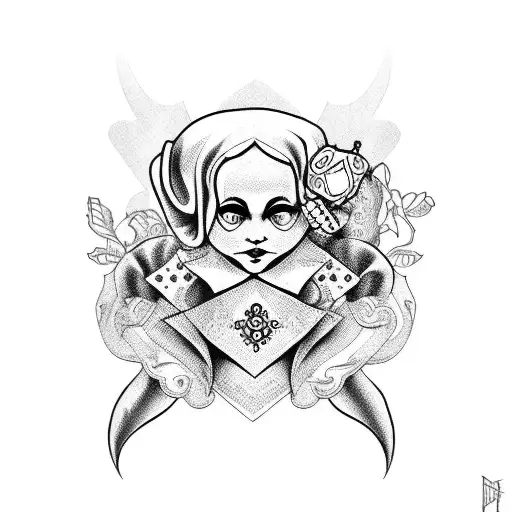 jester with doll body sitting down tattoo design idea