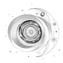 A galaxy-like spiral with a star and moon as well as a flower and a drop  tattoo design idea