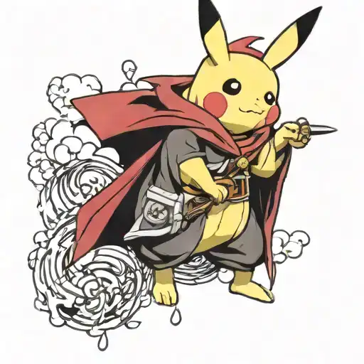 Pikachu dressed in Akatsuki cape on Dragon Ball Z's flying cloud and Harry Potter's wand. tattoo design idea