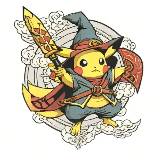 Pikachu dressed in Akatsuki cape on Dragon Ball Z's flying cloud and Harry Potter's wand. tattoo design idea
