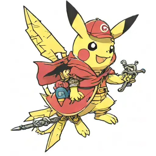 Pikachu dressed as Akatsuki on flying cloud with Harry Potter wand tattoo design idea