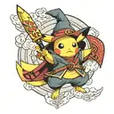 Pikachu dressed in Akatsuki cape on Dragon Ball Z's flying cloud and Harry Potter's wand. tattoo design idea