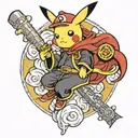 Pikachu dressed in Akatsuki cape on Dragon Ball Z's flying cloud and Harry Potter's wand. tattoo design idea