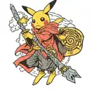 Pikachu dressed in Akatsuki cape on Dragon Ball Z's flying cloud and Harry Potter's wand. tattoo design idea