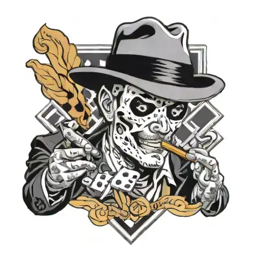 double-six domino piece, wearing fedora and smoking a cigar tattoo design idea