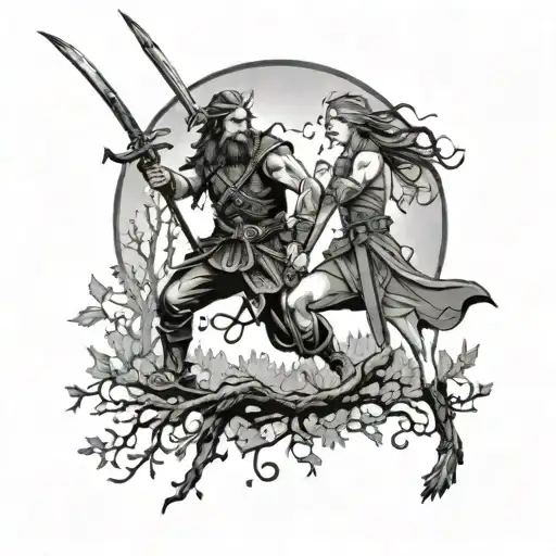 A mystical scene of Geri and Freki running through a forest under a crescent moon, with a sword hanging from a tree branch tattoo design idea