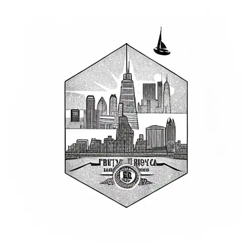An intricate black and grey design showcasing the iconic landmarks of Boston, Chicago, and New York City marathons, representing the client's passion for running and their favorite cities. tattoo design idea