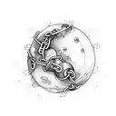 hand with chained planet tattoo design idea