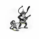 monkey with a carnation by earaying an accordion guitar, a hockey stick with the name Luka, a crown with the name Gracie tattoo design idea