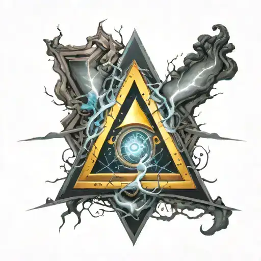 triangle with a lightning bolt in the middle and a symbol at each corner (symbol of calm, a neuron and party) tattoo design idea