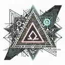 triangle with a lightning bolt in the middle and a symbol at each corner (symbol of calm, a neuron and party) tattoo design idea