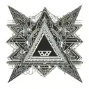 triangle with a lightning bolt in the middle and a symbol at each corner (symbol of calm, a neuron and party) tattoo design idea