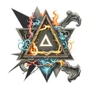 triangle with a lightning bolt in the middle and a symbol at each corner (symbol of calm, a neuron and party) tattoo design idea