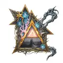 triangle with a lightning bolt in the middle and a symbol at each corner (symbol of calm, a neuron and party) tattoo design idea