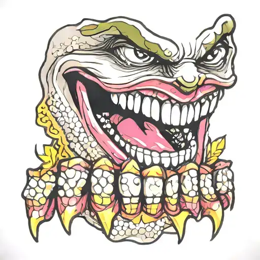 joker smile embedded with glistening diamond grills embedded the word detail on upper set of teeth  tattoo design idea