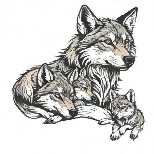 momma wolf with 2 babies  tattoo design idea