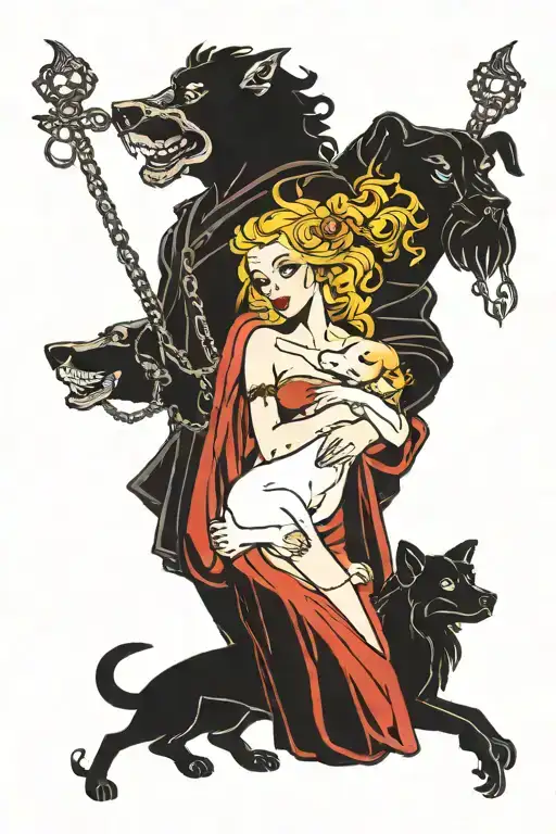 Hades and Persephone holding 3 head dog Kerber on chain   tattoo design idea
