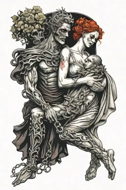 hades and persephone holding Kerber on chain   tattoo design idea
