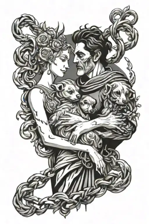 Hades and Persephone holding 3 head dog Kerber on chain   tattoo design idea