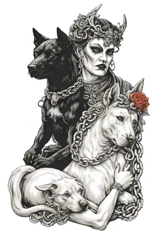 Hades and Persephone holding 3 head dog Kerber on chain   tattoo design idea