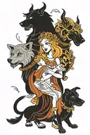 Hades and Persephone holding 3 head dog Kerber on chain   tattoo design idea