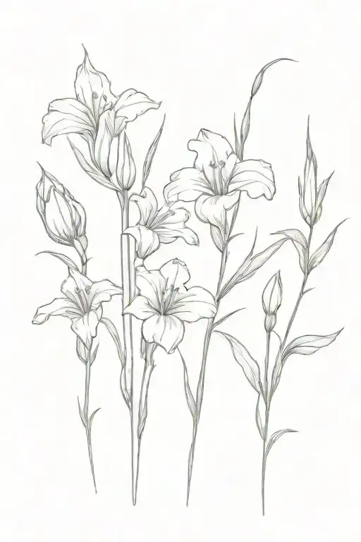 two full gladiolus and one cosmos flower with stems add some other simple plants. tattoo design idea