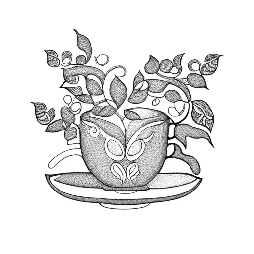 A blackwork tattoo of a coffee cup intertwined with vines and flowers, representing the love for both coffee and nature tattoo design idea