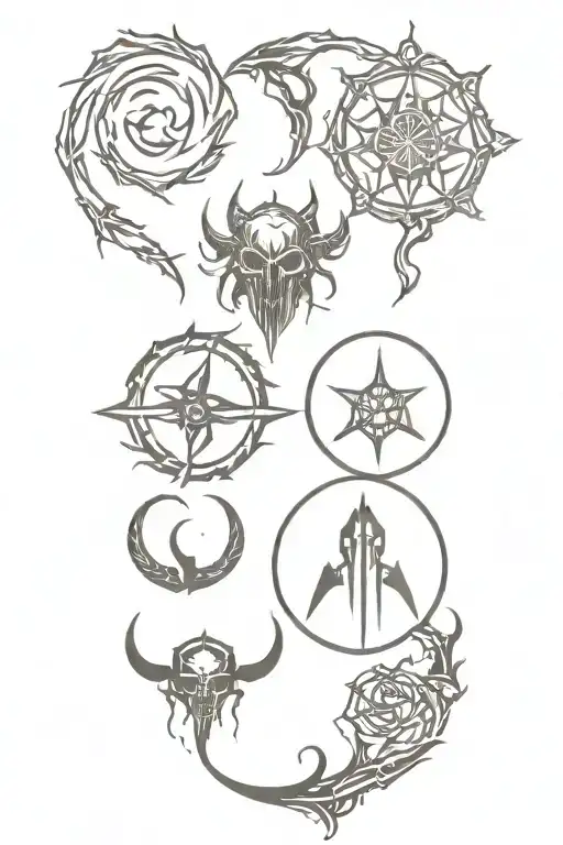 doom eternal, bloodborne, and elden ring symbols mixed together tattoo design idea