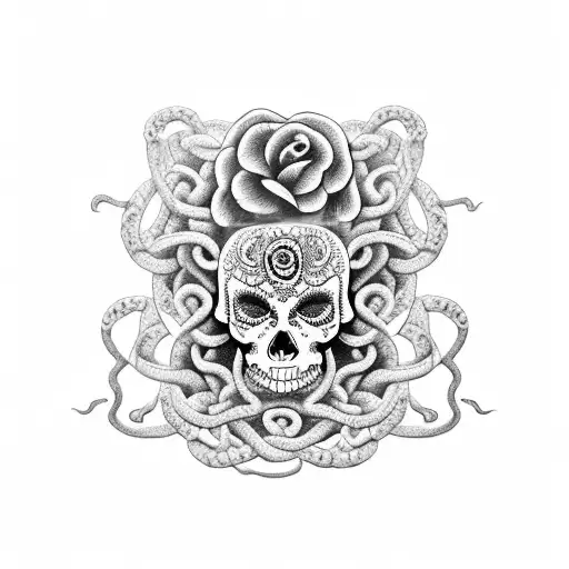 A black-grey tattoo of a Medusa with snakes for hair, surrounded by roses in a Mexican Aztec inspired design. tattoo design idea