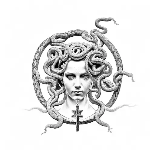 A black-grey tattoo of a Medusa wearing a Catholic rosary as a headpiece, with snakes intertwined in the rosary beads and roses scattered around. tattoo design idea