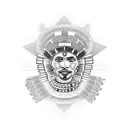 A Chicano style art of a Mexican wearing a traditional Aztec headdress, with a Catholic rosary wrapped around their wrist and a snake coiled around their arm. tattoo design idea